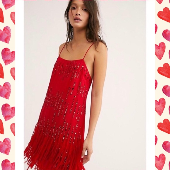 🥳HP New Free People Crystal Clear XS Red Sequined Retro-Inspired Flapper Mini - Picture 3 of 5